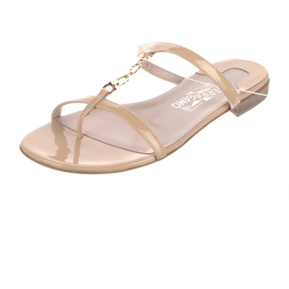 Salvatore Ferragamo Patent Leather Chain-Link Accents Slides - Picture 5 of 5